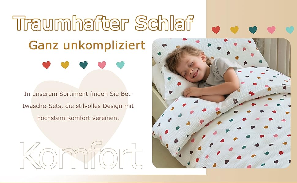 Муслінова постільна білизна для дитячого ліжечка: комплект для малюків та дітей (100x135cm + 40x60cm, сердечка)