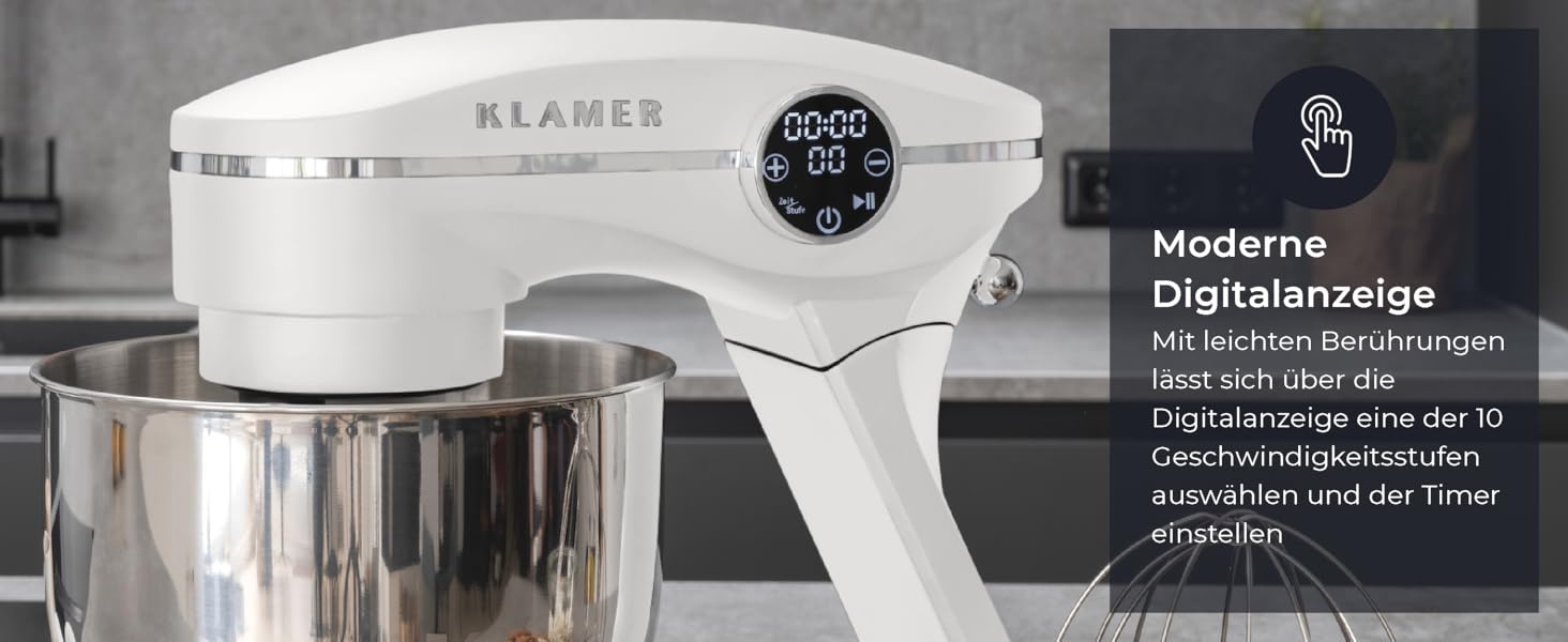 KLAMER 1800W Stand Mixer - Stainless Steel Bowl 6L, 10 Speed Settings, Timer, Planetary Mixing, Dough Hook, Whisk & Beater - White