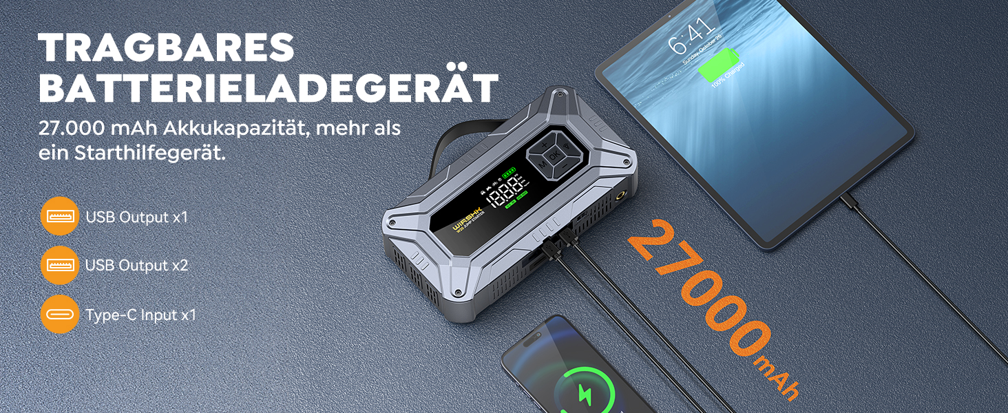 Портативний пусковий пристрій 8000A з повітряним компресором 160 PSI для бензинових та дизельних двигунів (до 10 л), з дисплеєм та аварійною світлодіодною лампою