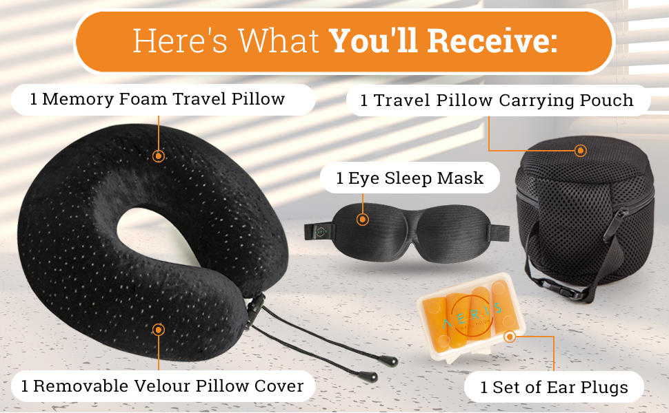 Подушка для подорожей AERIS з ефектом пам'яті (Memory Foam) з плюшевим велюровим чохлом та сумкою для транспортування — ергономічна подушка для шиї в літак, авто, поїзд