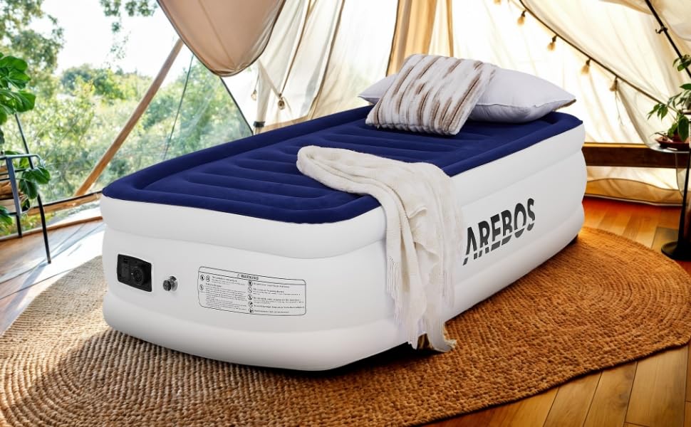 Надувний матрац Arebos | Самостійно надувний матрац 203 × 95 × 51 см, для 1 особи | Гостьовий матрац з електричним насосом | Надувний матрац з сумкою для перенесення, для кемпінгу/дому (Синій/Білий)