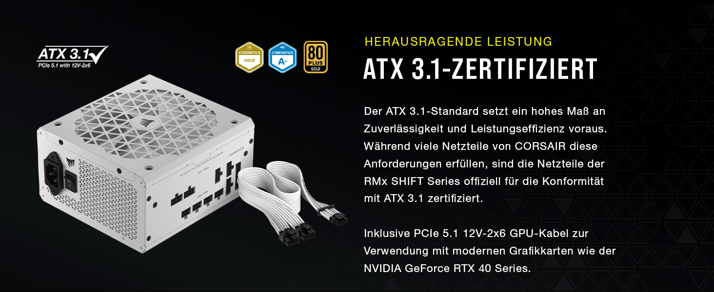 Блок живлення Corsair RM1000x Shift 1000W, ATX 3.1 & PCIe 5.1, 80 Plus Gold, повністю модульний, бічні роз'єми, білий
