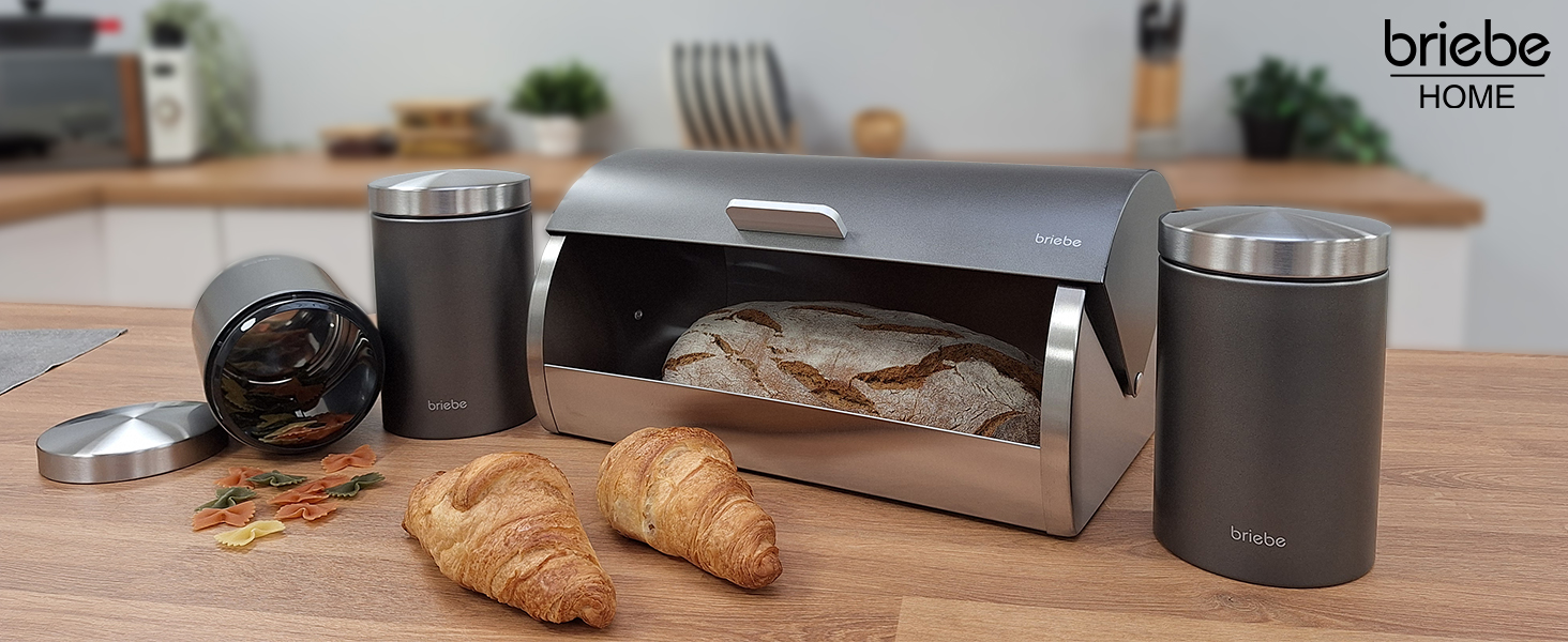 Набір контейнерів для зберігання: Brotkasten (хлібниця) + 3 контейнери для продуктів з нержавіючої сталі, сірий/нержавіюча сталь