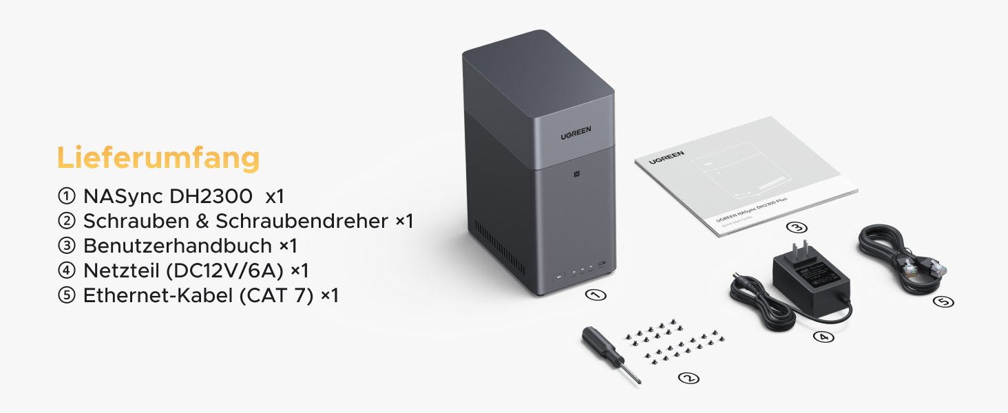 NAS UGREEN DH2300: 2 відсіки, NFC, AI фотоальбом, 4K відеотека, 1GbE LAN, 4GB RAM (без дисків)