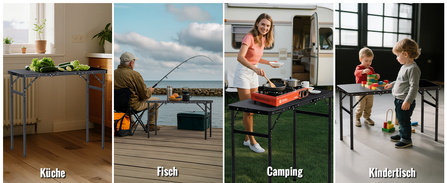 Складний кемпінговий стіл GARLLEN 60x40 см, регульована висота (27/51/75 см), чорний - для пікніка, саду, балкону, пляжу