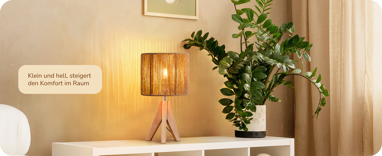 LED настільна лампа EDISHINE з абажуром з ручної роботи та дерев'яною ніжкою, 2700K, тепле біле світло, бохо стиль, для спальні, вітальні, готелю, з лампочкою E27 4W, в'язаний паперовий шнур