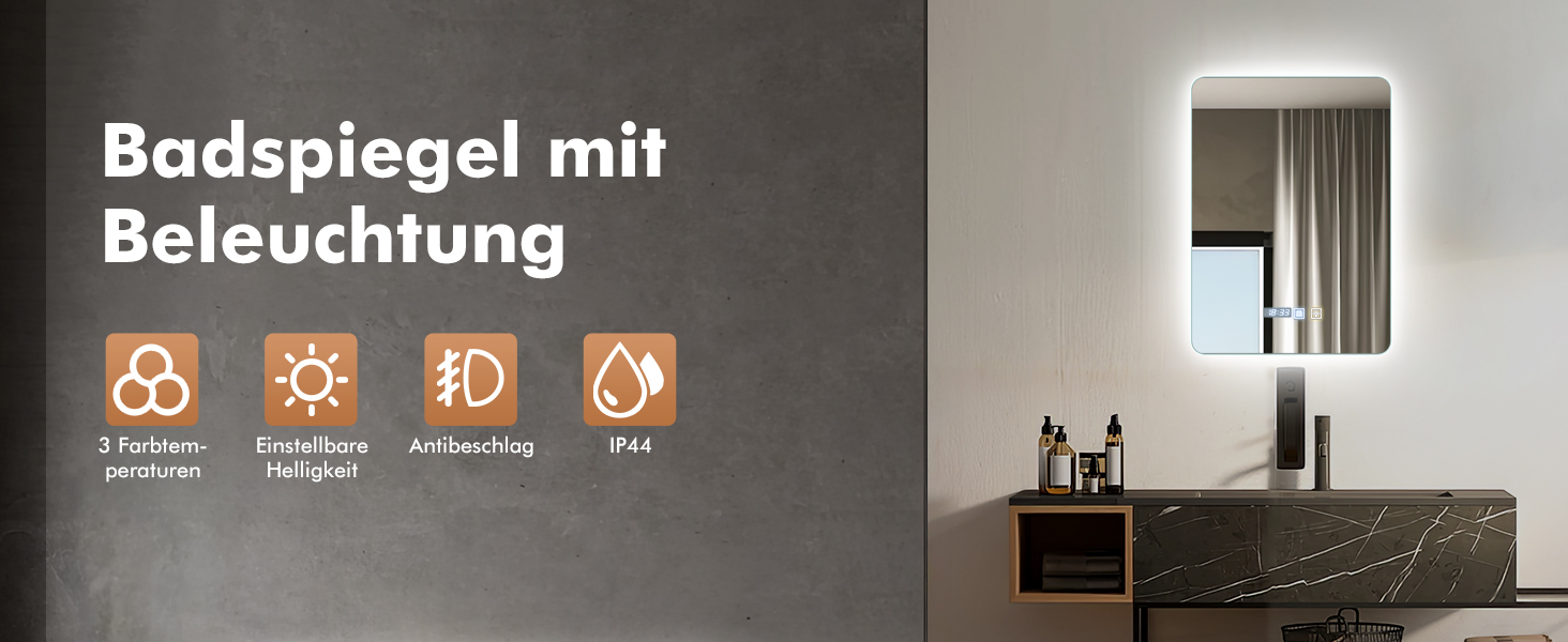 Дзеркало для ванної кімнати з підсвічуванням 50x70 см, з протитуманною функцією, годинником, LED-підсвічуванням, сенсорною кнопкою, функцією пам'яті, 3 кольорами світла, регулюванням яскравості