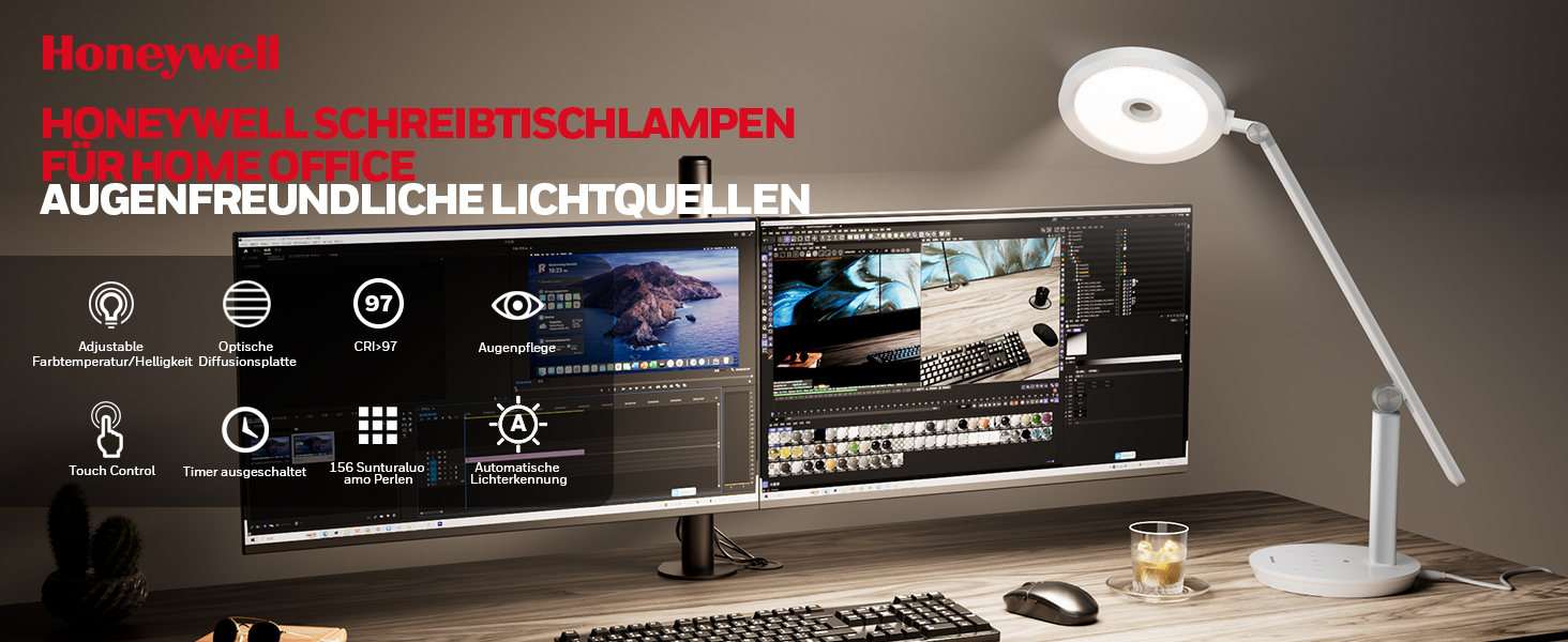 LED настільна лампа Honeywell H6 Sunturalux з дотичним керуванням, таймером та регулюванням яскравості, 800LM, для робочого кабінету та спальні