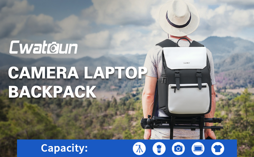 Рюкзак для камери Cwatcun: водонепроникний фоторюкзак для дзеркальних та бездзеркальних камер Sony, Canon, Nikon з об'єктивами та штативом. Білий.