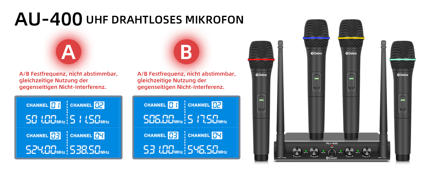 Debra 4-канальний UHF мікрофонний комплект, AU400: ручний, нагрудний, наголовний мікрофон для церкви, караоке, співу (2 ручні + 2 нагрудні мікрофони)