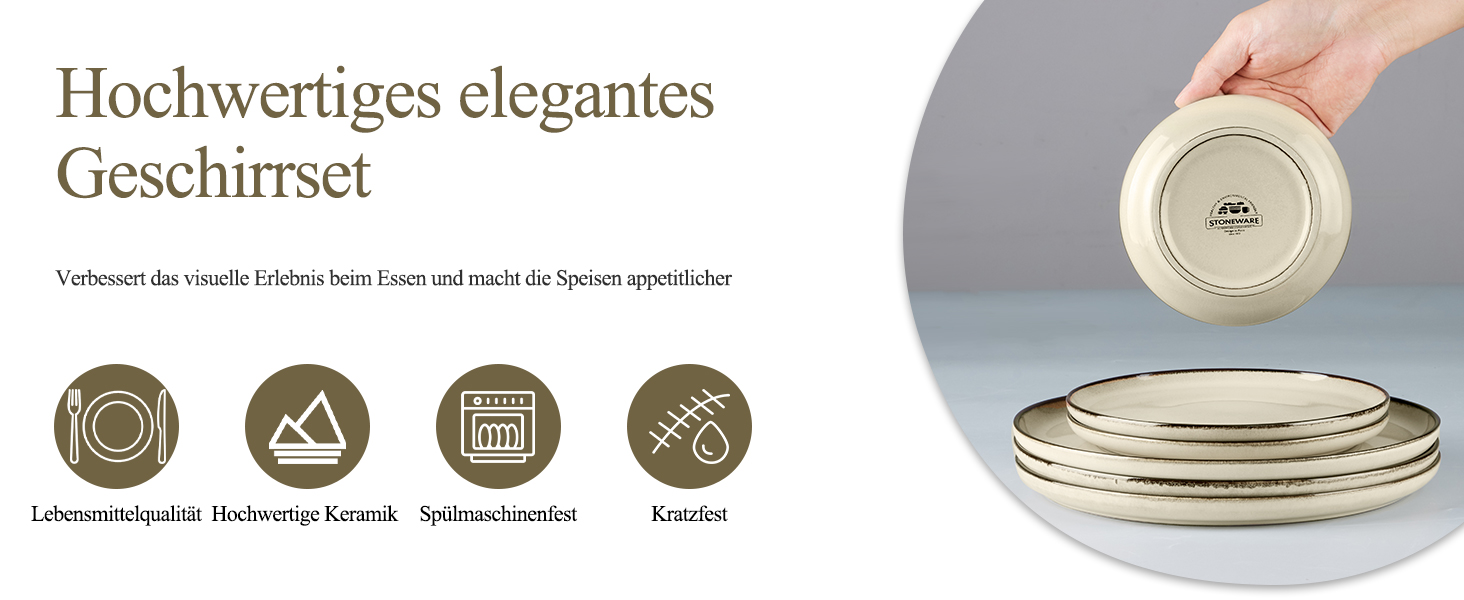Сервіз посуду Joyfair на 6 осіб, 18 предметів, кераміка, з реактивною глазурью, тарілки для їжі, десертні тарілки, миски для каші, підходить для мікрохвильової печі та посудомийної машини, (Riff Khaki)