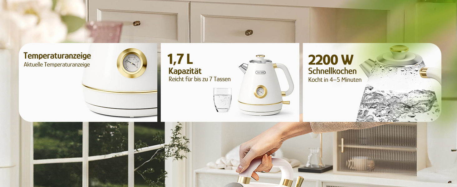 Електричний чайник Rudy Retro з термометром, нержавіюча сталь, 1.7 л, 2200 Вт, без пластику, автоматичне відключення, Vintage-дизайн (Перламутровий)