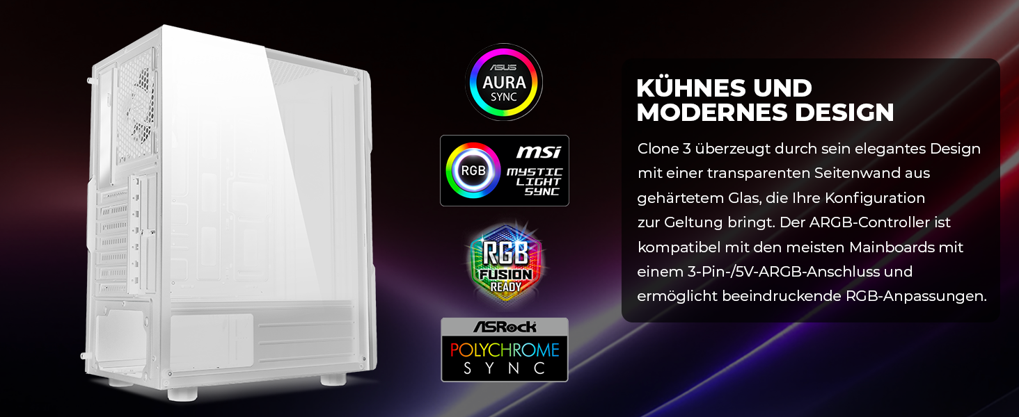 Корпус для ПК Spirit of Gamer Clone III Білий RGB | ATX/mATX/ITX | з темперованим склом | 2 вентилятори 120 мм (1 ARGB)