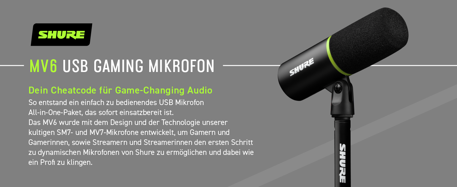 Shure MV6 USB Мікрофон для Ігор та Стрімінгу, Динамічний, USB-C, для PC Gamer та Стрімера