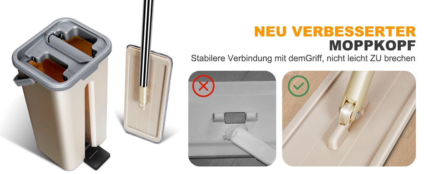 Набір для миття підлоги з відром, Masthome: компактний моп з відром та вичавкою, 3 мікрофібрових насадок, нержавіюча сталь, 2-в-1, для дерев'яних, плиткових та мармурових підлог, бежевий, 2.9л