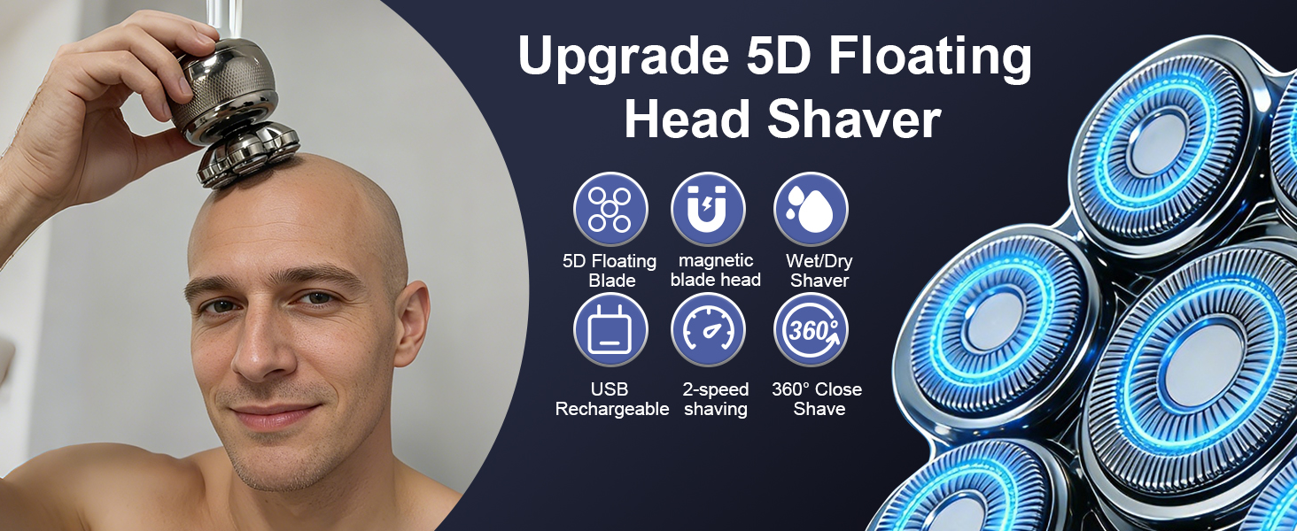 Електричний бритва для голови Glatzen Herren: професійний бритва для гоління голови, вологий та сухий, з LED-дисплеєм, 2 швидкості, сріблястий