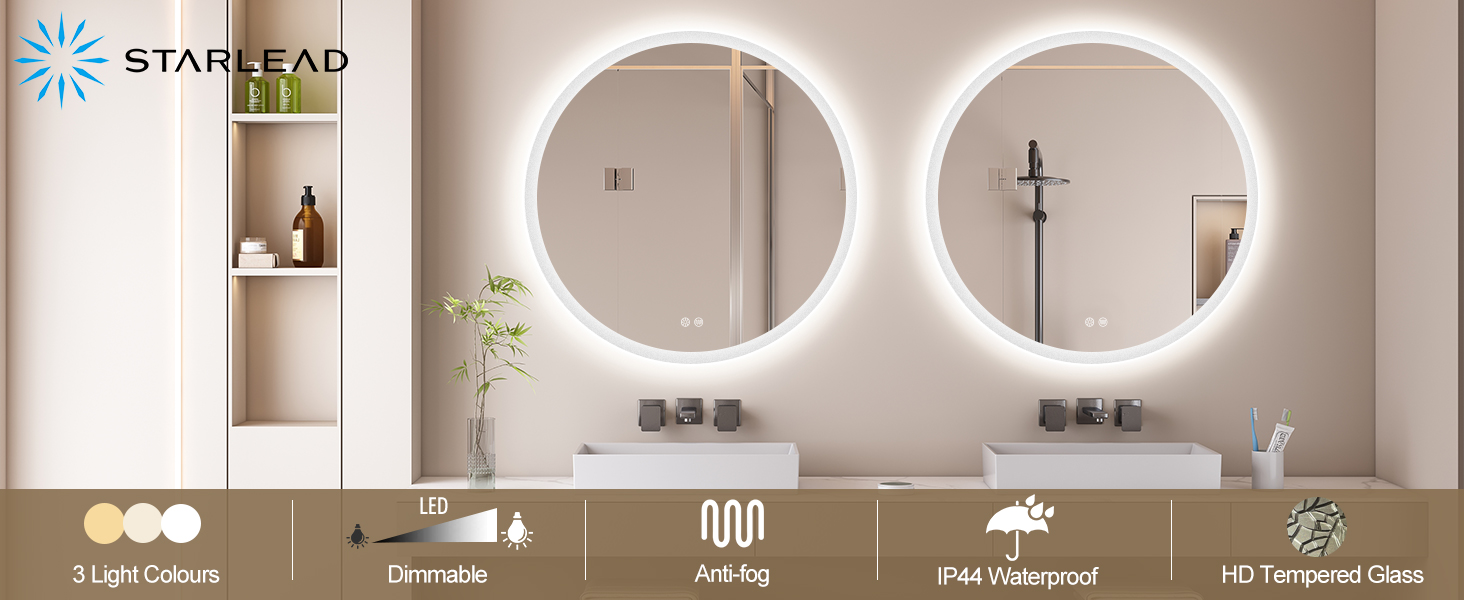 Дзеркало для ванної кімнати STARLEAD 60см з LED-підсвічуванням, регульована яскравість, 3 колірні температури, протитуманна функція, пам'ять налаштувань, HD скло, IP44, вологостійке, сріблястий колір (без Bluetooth)