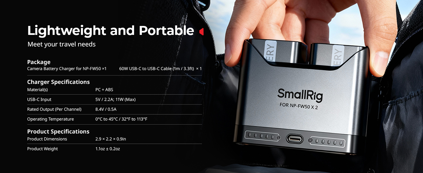Зарядний пристрій SMALLRIG NP-FW50 для Sony (2 слоти, USB-C, 11W) - A6000, A6100, A6300, A6400, ZV-E10, A7, A7S, A7R