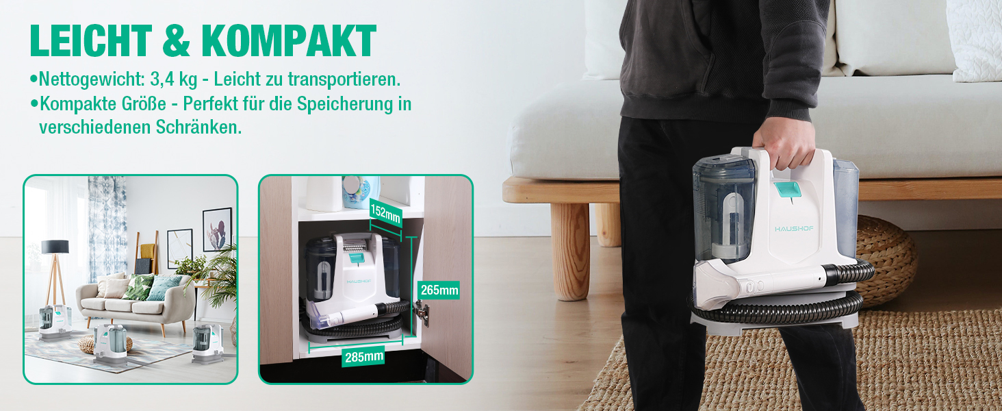 Портативний пилосос для миття килимів та диванів HAUSHOF, StainZapper, 400W, білий/сірий