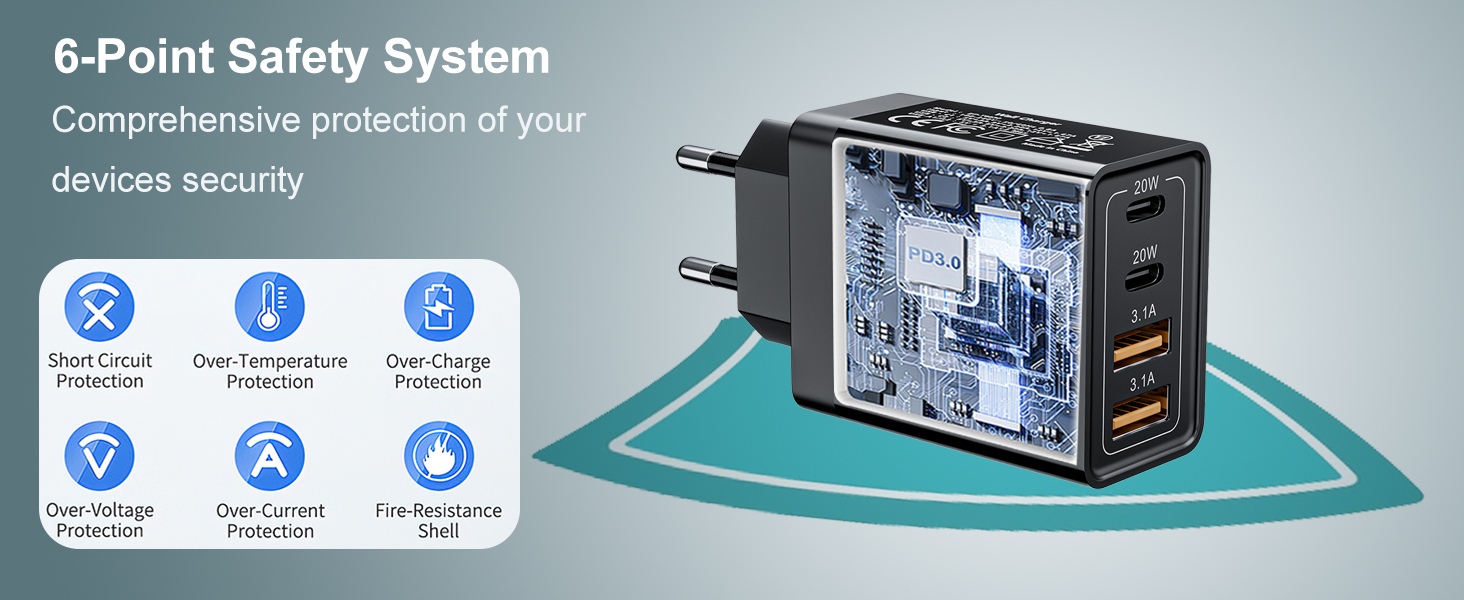 Подвійний зарядний пристрій USB-C 40W з 4 портами (USB-C та USB-A), PD 3.0, для iPhone, Samsung, iPad, Tablet, 2 шт., чорний