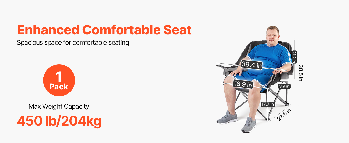 Кемпінговий стілець VEVOR великий, складний - до 204 кг, з підсклянниками, для риболовлі, пікніка, чорно-сірий