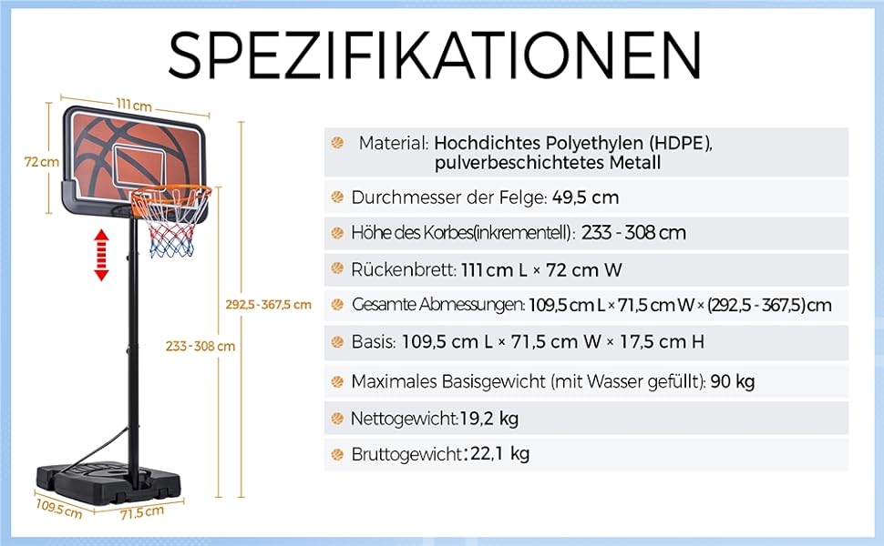 Yaheetech Adjustable Height Basketball Stand - Mobile Basketball System for Indoor/Outdoor Use - Water/Sand Fillable Hoop