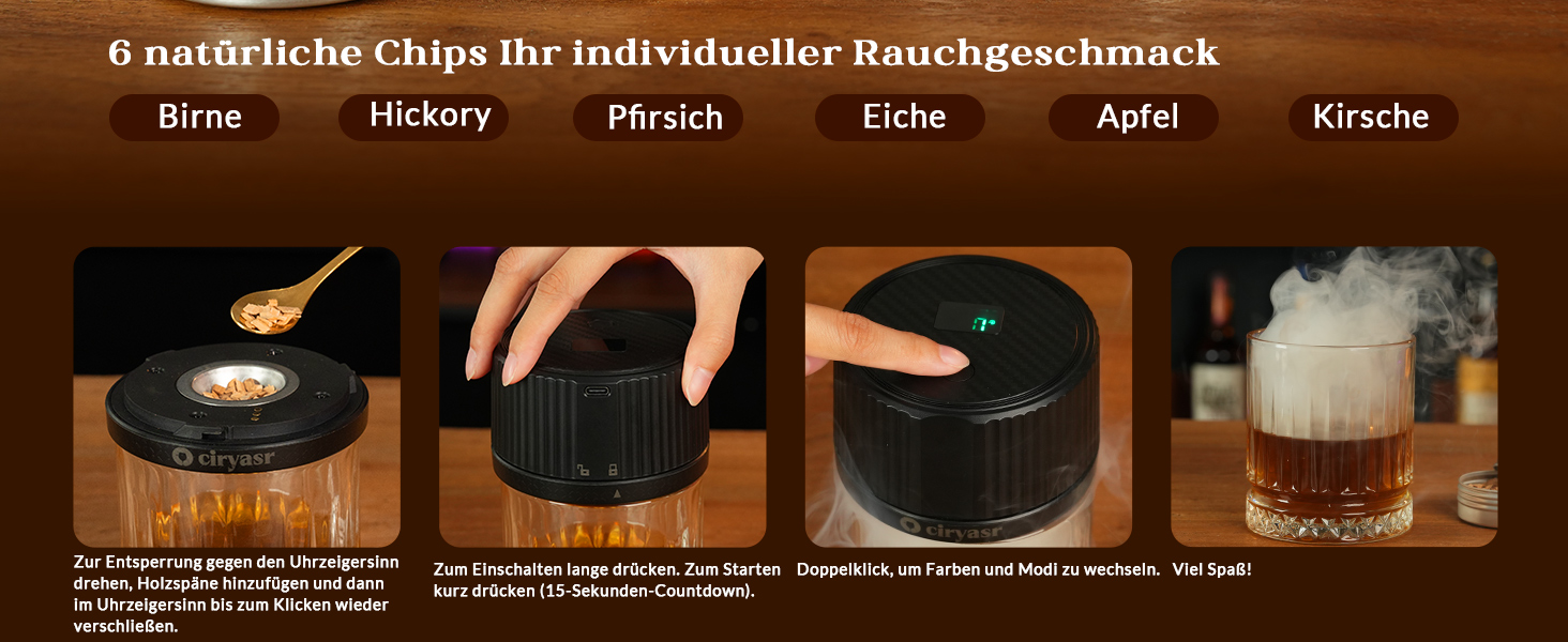 Набір для копчення коктейлів CIRYASR, електричний, без бутану, з 6 смаками, RGB-підсвічування, для віскі, бурбон, як подарунок для чоловіків