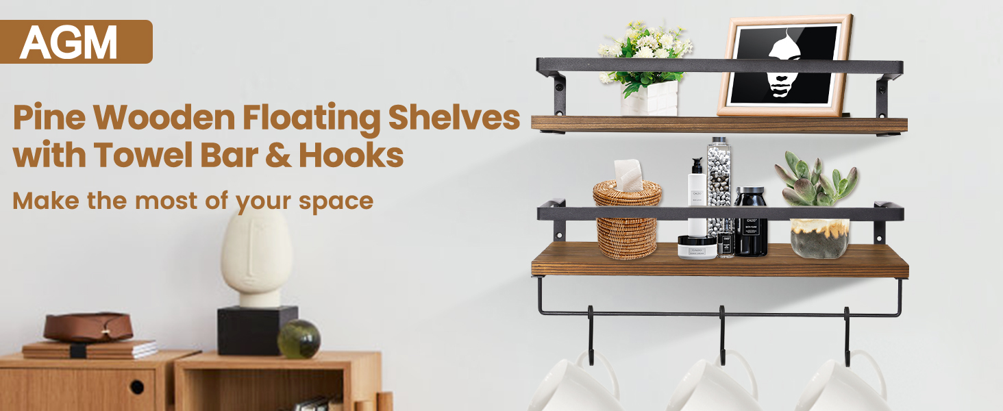 Настінні полиці AGM Wandregal 2 шт. з тримачем для рушників, дерев'яні, для ванної, кухні, вітальні, офісу, спальні (Темно-коричневий з гачками)