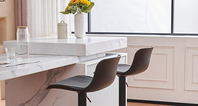 YOUNIKE Adjustable Bar Stools Set of 2 - Black Faux Leather Kitchen Bar Chairs with Backrest & Swivel - High Counter Stools for Kitchen Bar