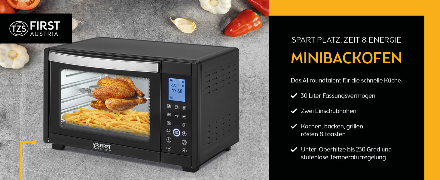 Міні-піч TZS First Austria Digital 30L 1600W з регулюванням температури, таймером та аксесуарами - для кухні та кемпінгу
