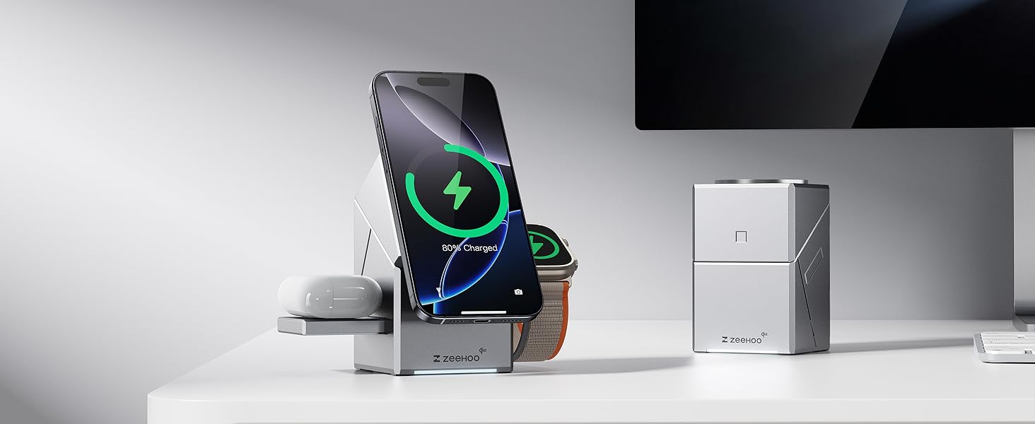 ZEEHOO 3-в-1 зарядний станція для Apple MagSafe: зарядка для iPhone, Apple Watch та AirPods (30W USB-C), сірий
