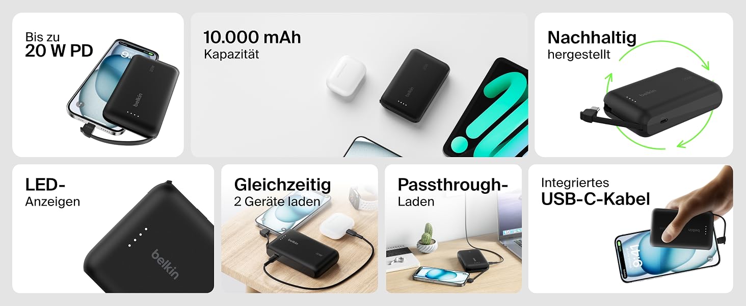 Повербанк Belkin BoostCharge 10000mAh 20W з вбудованим кабелем USB-C, LED-індикатором, чорний