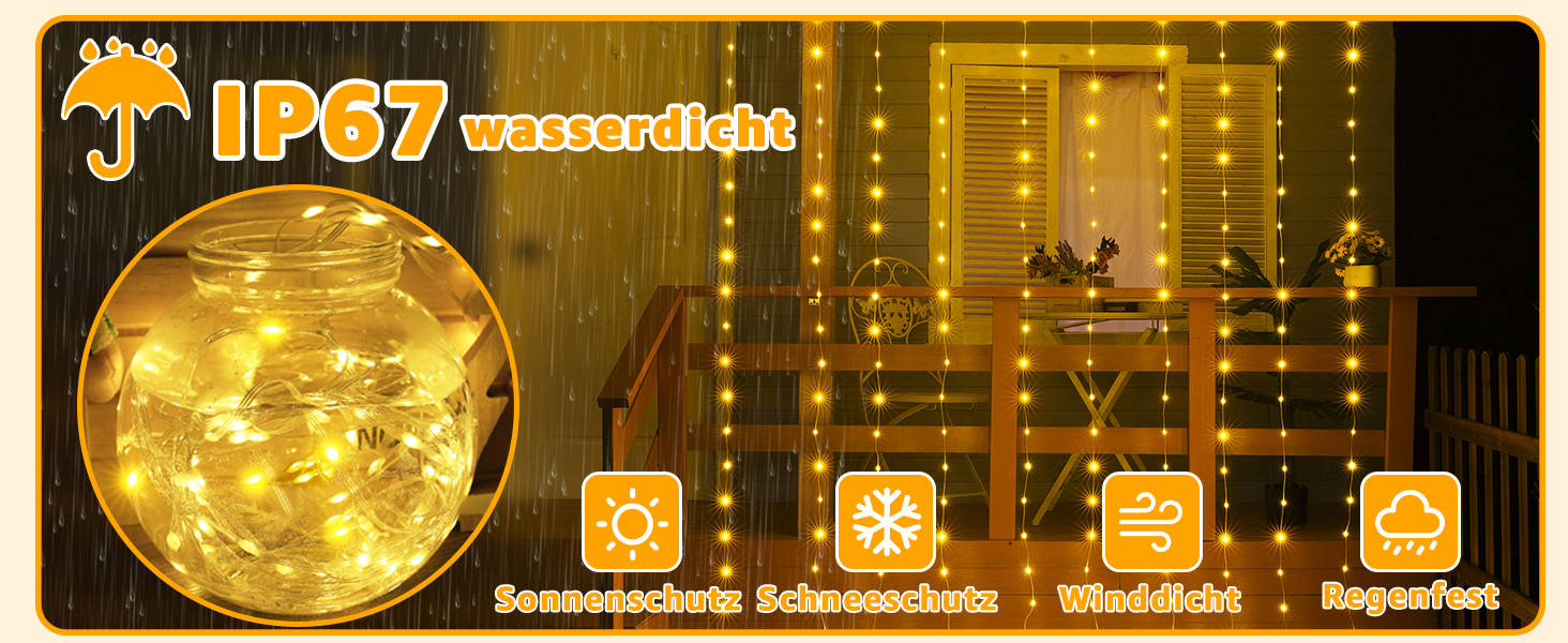 Льодосвітна штора Ollny для декорування фасаду 3x3м, 300 LED, 8 режимів, IP67, пульт, таймер, димування, для декору на Різдво, двері, стіни, вечірки, вікна, балкон (тепле біле світло)