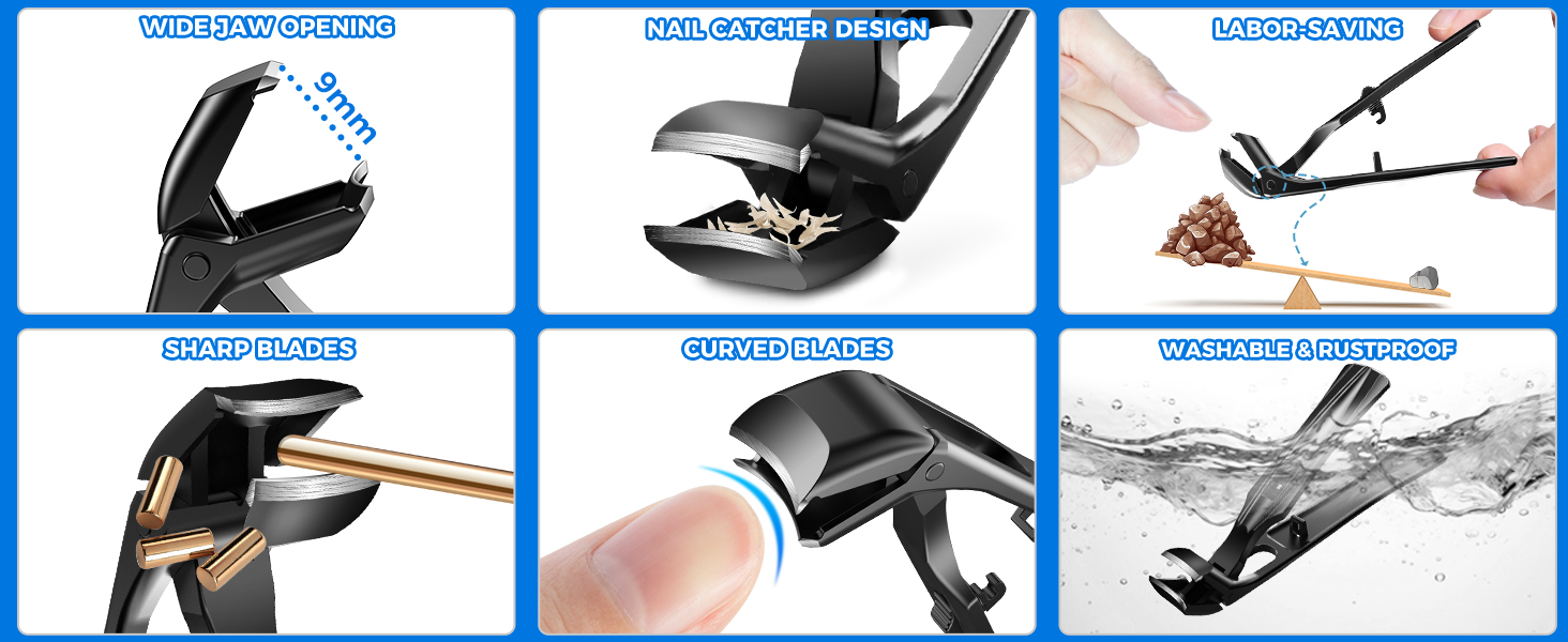 Кусачки для нігтів для літніх людей з широкими щелепами та довгою ручкою, кусачки для кутикули з кутовою головкою, з контейнером для збору обрізків, подарунок для чоловіків та жінок, чорні