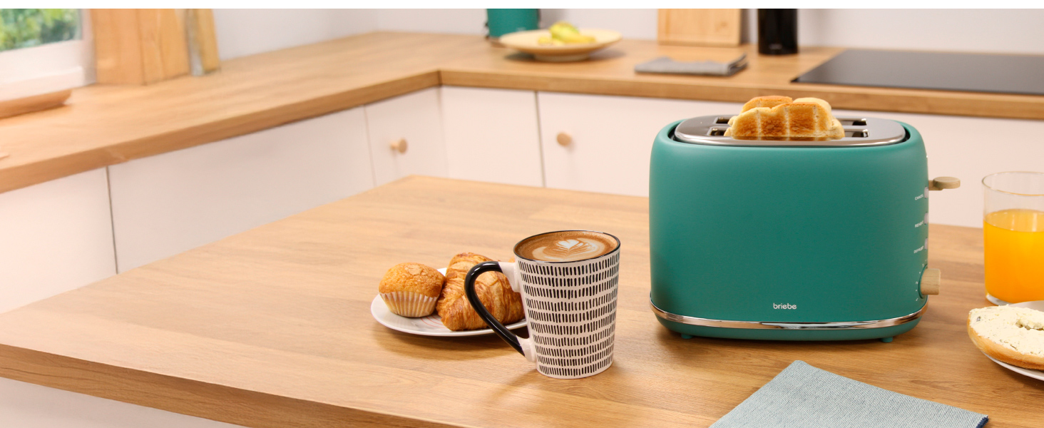 Тостер Nordic з широким слотом, 2-х місний, 6 рівнів підсмажування, функція підігріву та розморожування, зйомний піддон для крихт, північний дизайн, 870 Вт, зелений