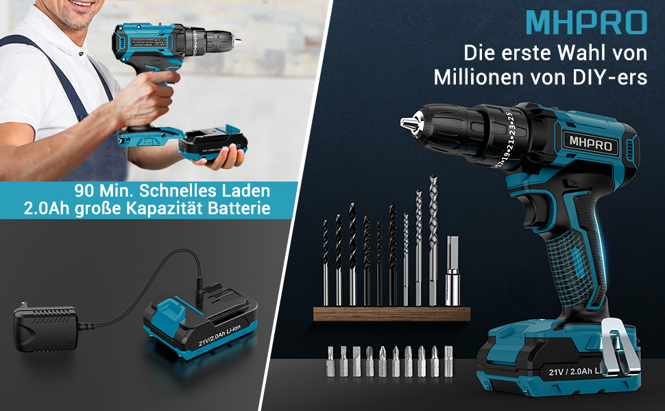 Акумуляторний шуруповерт MHPRO 21V з 2 акумуляторами 2.0Ah, 42Nm, 2 швидкості, 25+3 ступені крутного моменту, патрон 10 мм, LED-ліхтар, 14-ти елементний набір аксесуарів для дому, саду та DIY проектів (Блакитний 21V-1Akku)