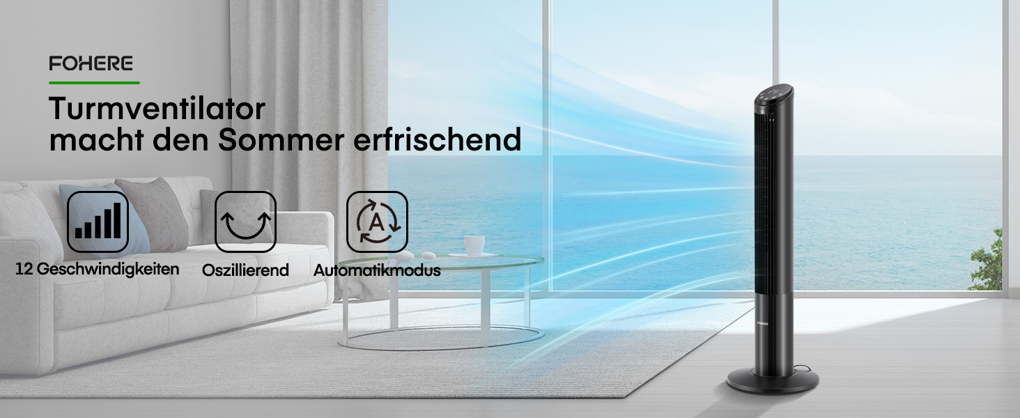 FOHERE Вентилятор Тур - Безшумний, 102 см, з пультом, 4 режими, 12 швидкостей, таймер 12 год, швидкість 7,6 м/с, для дому, спальні, офісу, чорний