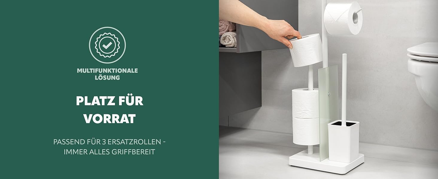 Набір для туалету Eluno Stand-WC 4 в 1: підставка, щітка, 2 змінні насадки, тримач для туалетного паперу на 3 рулони, полиця, скляна та металева поверхня (білий)