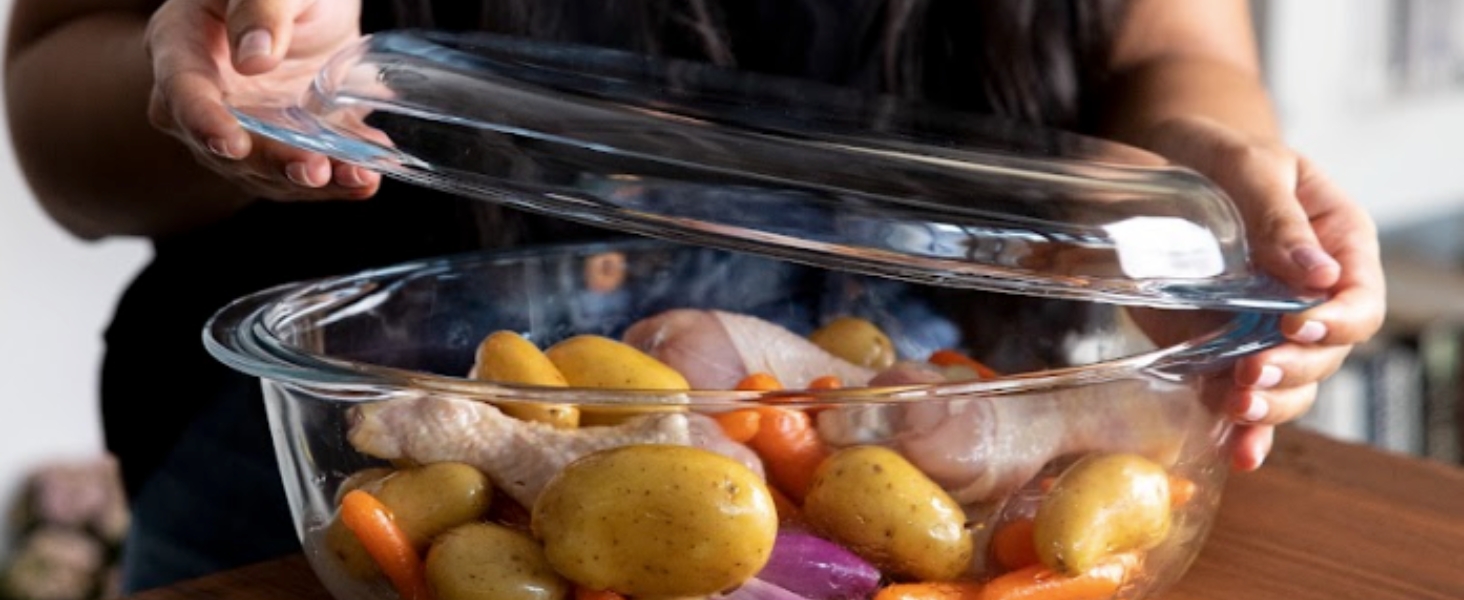 Набір Pyrex 4-в-1: 2 жаростійкі каструлі 1,6 л і 2,3 л, боросилікатне скло, для духовки, мікрохвильовки, пароварки, посудомийки