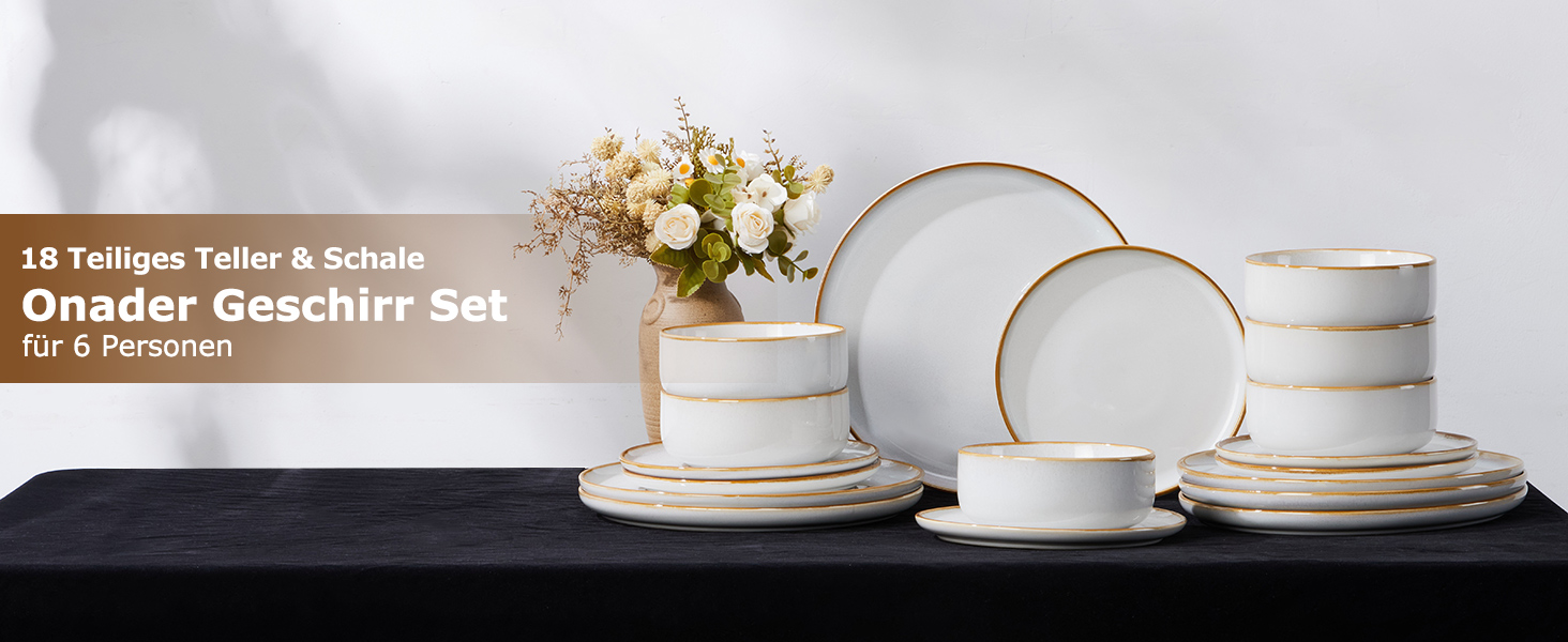 Набір посуду Onader для 6 осіб (18 предметів) - набір столового сервісу з тарілок, мисок, десертних тарілок, бежевий перламутровий, стійкий до миття в посудомийній машині та подряпин