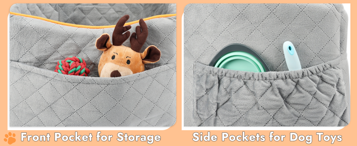Memory Foam Dog Car Seat for Small Dogs (Under 11kg) - Elevated Design with Storage Pockets (Gray)