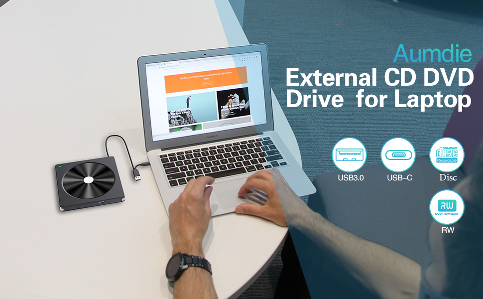 Зовнішній DVD/CD привід USB 3.0 та USB-C, DVD-записувач для ноутбука, ПК, Mac OS, Windows, Linux (Білий)