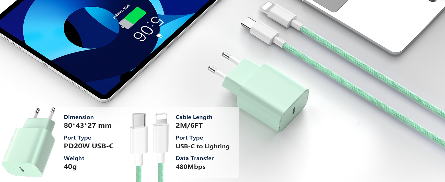 Зарядний пристрій 20W USB-C з кабелем Lightning для iPhone 14/13/12/11/X/XR/XS/Mini/SE, 2 шт. - Рожевий + Зелений