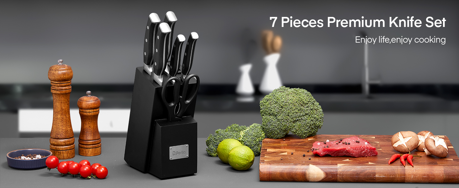 D.Perlla Self-Sharpening Knife Block Set - 7 Piece Stainless Steel Knife Set with Plastic Handle & Wooden Block - Professional Kitchen Knife Set, Black