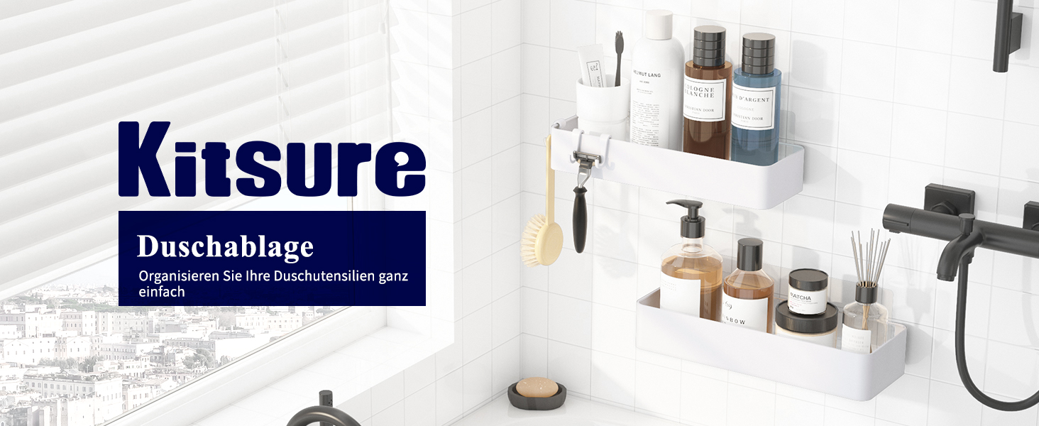 Поличка для ванної кімнати Kitsure без свердління, органайзер для душу самоклейний, великий (набір 2 шт, білий)