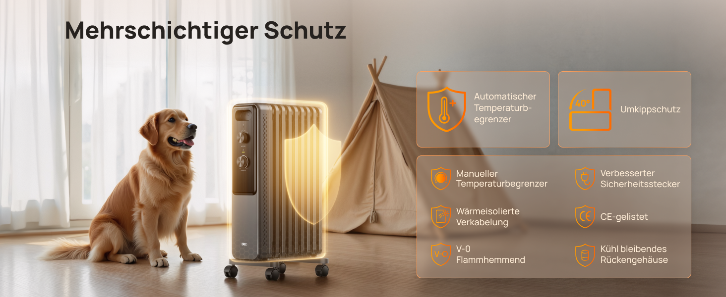 Електричний масляний радіатор Dreo з 9 ребрами, 2000W, тихий, з захистом від перегріву та перекидання, термостат, дитячий замок, енергозберігаючий