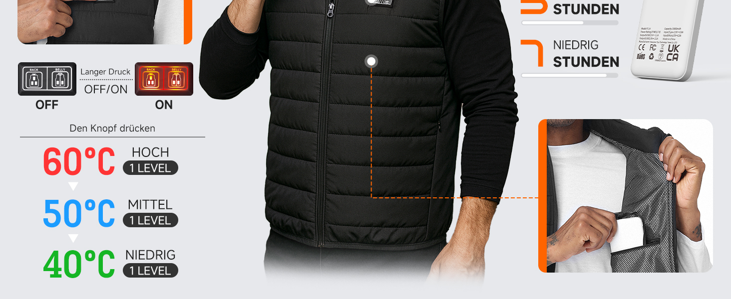 LABCOOL Тепла жилетка з підігрівом - чоловіча та жіноча жилетка з USB-підігрівом та акумулятором 10000mAh - 6-зонний підігрів з 3 рівнями температури - можна прати в пральній машині, чорний L