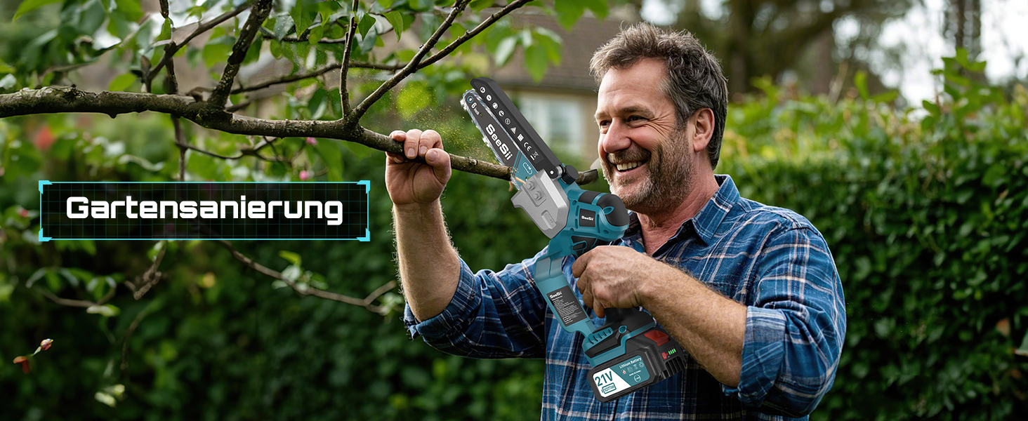 SEESII Безщіткова міні-бензопила 6 дюймів, акумуляторна ручна пила з 2 * 4000 mAh акумуляторами, одноручна пила з автоматичним змащуванням, сумісна з акумулятором Makita 18V, електрична пила для дерева, гілок 6 дюймів безщіткова