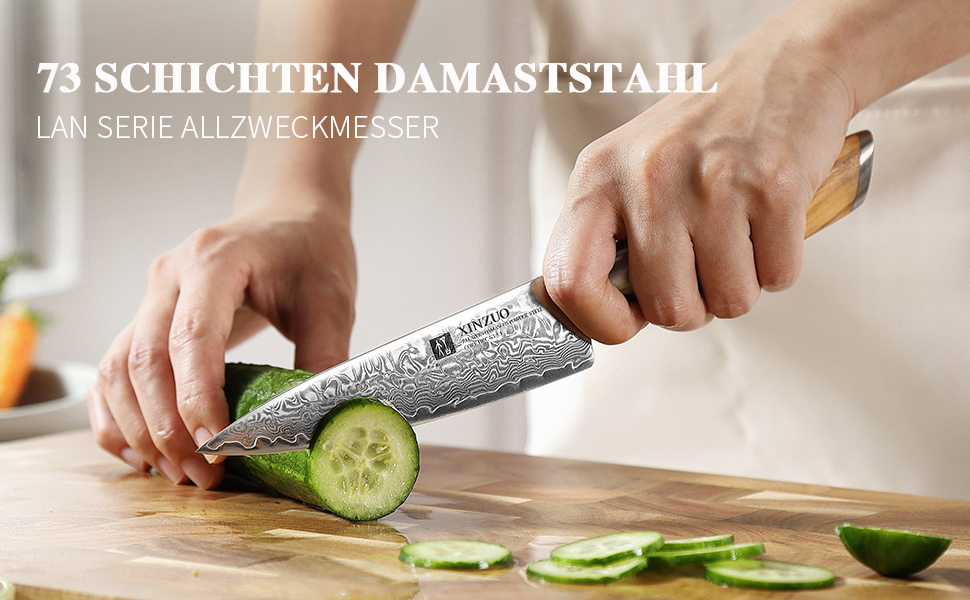 Ніж кухарський XINZUO Damaststahl 18.2 см, 73 шари дамасткової сталі, професійний, з ергономічною ручкою з оливкового дерева, серія Lan (універсальний ніж)