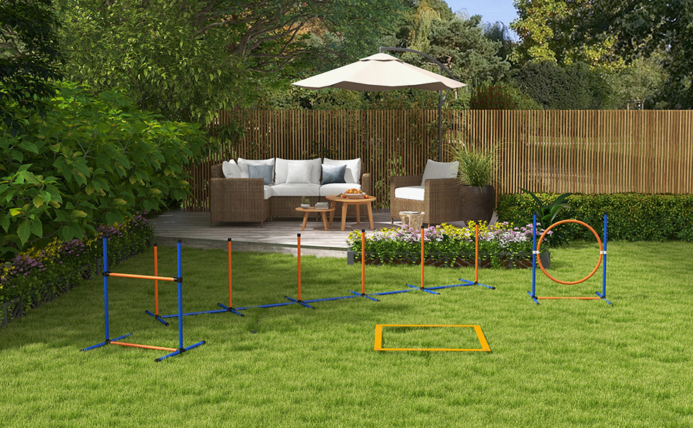 Набір для аджиліті PawHut для собак, 8 предметів, для вулиці, з тканинними стовпчиками, регульоване кільце для стрибків, бар'єри, зона відпочинку, тенісні м'ячі, свисток, шорти для тренувань